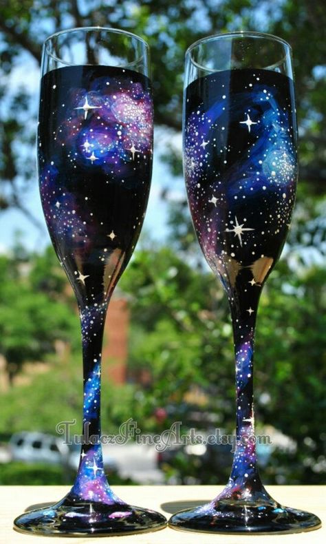 Painted Galaxy, Glasses Bride, Science Wedding, Nerd Wedding, Galaxy Wedding, Nerdy Wedding, Starry Night Wedding, Toasting Flutes Wedding, Bride And Groom Glasses