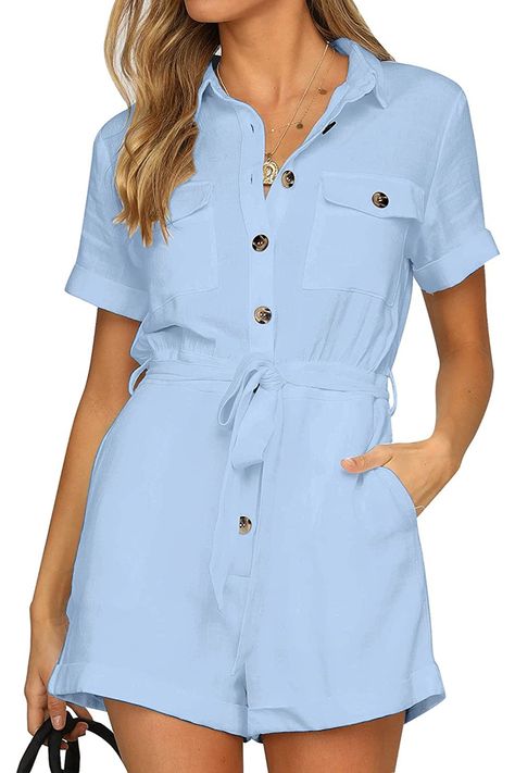 Amazon Finds // Women one piece rompers feature a basic collar, short sleeves and cuffed hem. Available in ivory, black, navy blue, red plum, airy blue and beryl green. Womens Summer Jumpsuits, Casual Playsuit, Womens Summer Shorts, Belted Romper, Light Blue Shorts, Short Sleeve Jumpsuits, Casual Rompers, Short Sleeve Romper, Cotton Romper