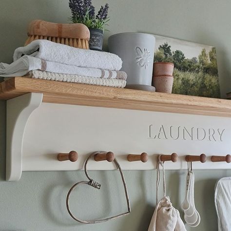 Peg rail with oak pegs and personalised Angled Bedroom, Kitchen Shelf Decor Ideas, Kitchen And Utility, Shaker Peg Rail, Utility Room Designs, Hallway Shelf, Laundry Shelves, Oak Shelf, Peg Rail