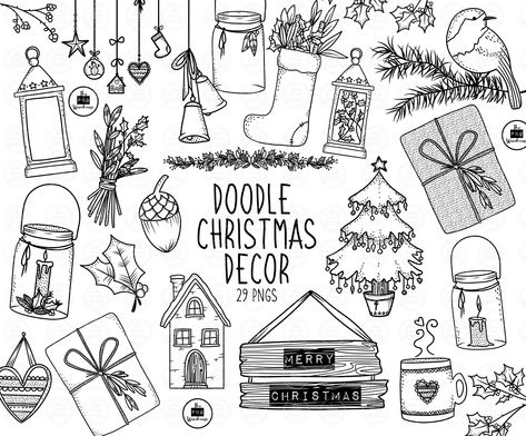 Doodle Christmas, Holly Plant, Star Doodle, Hand Drawn Elements, Black And White Cartoon, Christmas Doodles, Christmas Drawing, Journal Doodles, Christmas Illustration