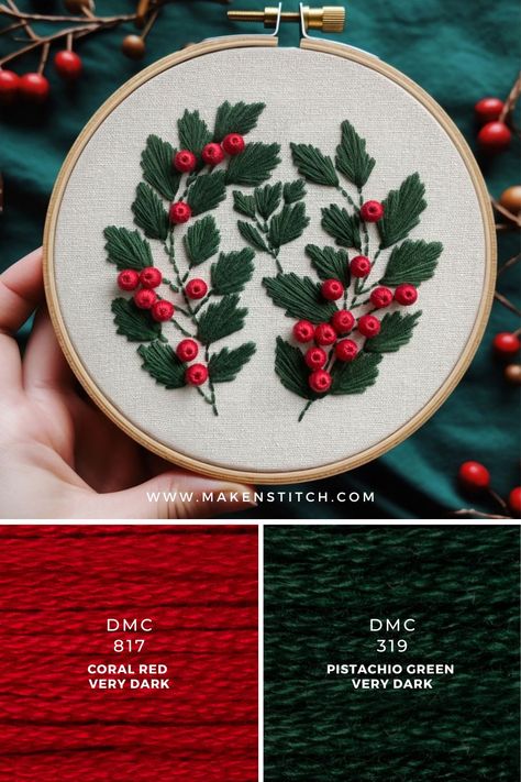 Embroidery Patterns Tutorials, Red And Green Color Palette, Dark Green Rooms, Palette Green, Christmas Mistletoe, Anchor Threads, Green Color Palette, Project Red, Scrapbook Organization