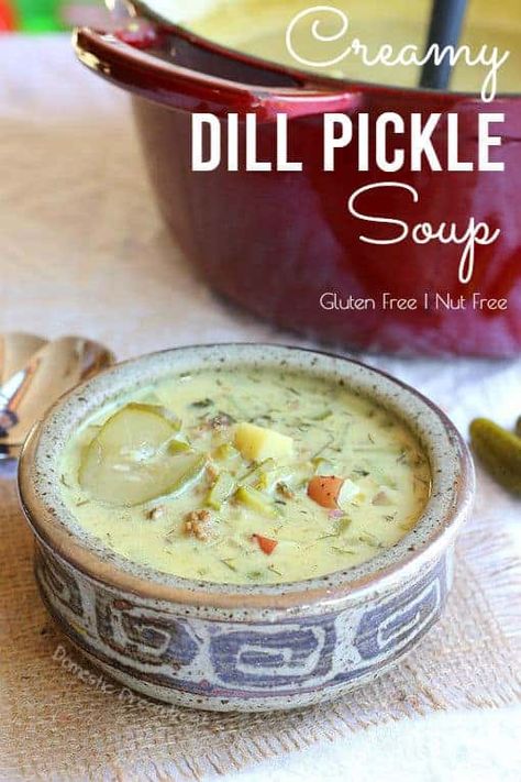 Dill Pickle Soup sounds unusual, but the combination of pickles, potatoes, beef and curry powder results in a tasty meal when paired with fresh bread. #glutenfree #soup #dillpickle #DomesticDreamboat Soup With Turnips, Dill Pickle Soup, Dill Pickle Pasta Salad, Homemade Pickles Dill, Pickle Soup, Stews Recipes, Soup With Bacon, Potato Bacon Soup, Loaded Potato Soup