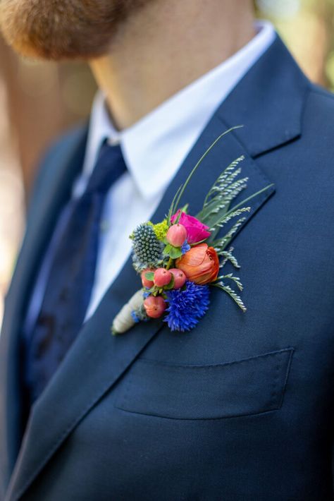 Summery boutonnieres that go with the "Wildflower" theme of this elegant outdoor wedding Colorful Wildflower Boutonniere, Jewel Tone Wedding Boutonniere, Funky Boutonniere, Wildflower Wedding Theme Groomsmen, Colourful Boutonniere, Wildflower Wedding Groomsmen, Jewel Tone Boutonniere, Wildflower Boutonniere, Colorful Boutonniere