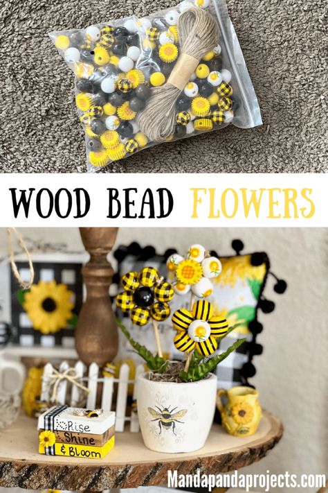 Wood Bead Flowers, Bee Ideas Decoration, Bee Garland Diy, Bee Diy Decor, Summer Dollar Tree Crafts, Dollar Tree Bee Crafts, Diy Bee Decorations, Sunflower Diy Crafts, Bee Theme Decorations