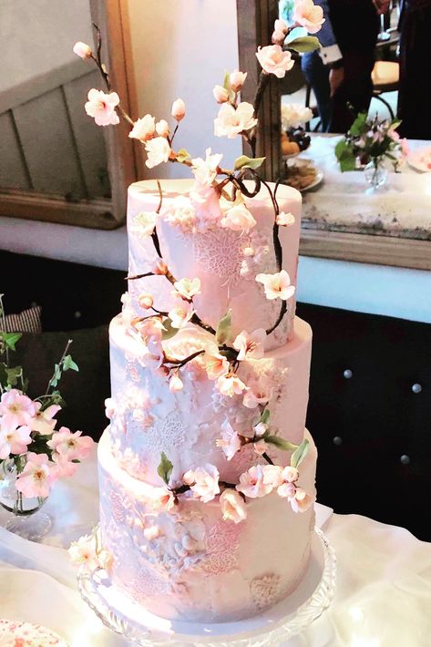 Japanese Cherry Blossom Quinceanera, Sakura Wedding Cake, Birthday Cake Cherry Blossom, Japanese Wedding Cakes, Blossom Tree Wedding, Cherry Blossom Wedding Cake, 2 Tier Cherry Blossom Cake, Cherry Blossom Wedding Theme, Sakura Wedding