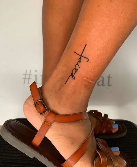 Christian Feet Tattoo, Faith Tattoo Ankle, Faith Ankle Tattoo, Walk By Faith Ankle Tattoo, Cross Ankle Tattoos For Women, Cross On Ankle Tattoo, Cross On Ankle, Ankle Tattoo Simple, Cross Faith Tattoo