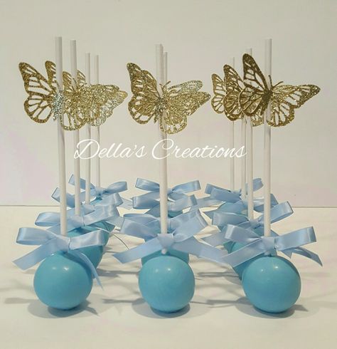 Cinderella themed / blue butterfly cake pops Butterfly 15 Theme Blue, Blue Butterfly Quinceanera Theme Cake, Blue Butterfly 15 Theme, Blue Butterfly Party Ideas, Blue Butterfly Themed Birthday Party Backdrop, Blue Butterfly Theme Party, Quince Cake Pops, Blue Butterfly Centerpieces Quinceanera, Blue Butterfly Sweet 16 Decorations