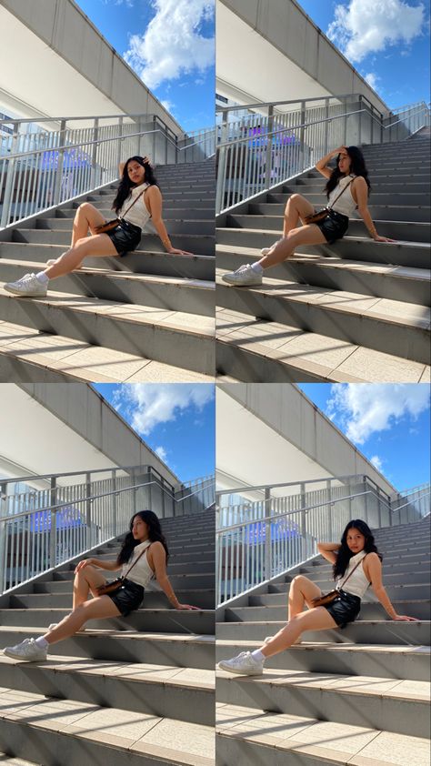 grid photo, model poses, staircase pose, black and white outfit, neutral, neutral outfit, pose ideas Staircase Pose Ideas, Staircase Photoshoot Ideas, Staircase Poses, Staircase Photoshoot, Pose Black And White, Stair Poses, Stairs Photoshoot, Outfit Pose Ideas, Boots Photo