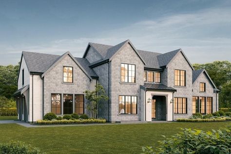 Shingles Style Home, Vaulted Ceiling Floor Plan, Modern Vaulted Ceiling, House Plans 5 Bedroom, Nantucket Homes, Scandinavian House Plans, Transitional House Plans, Side Patio, Open Concept Home