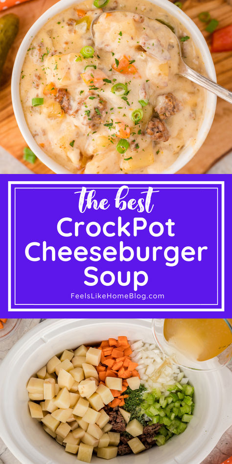 The best crockpot cheeseburger soup made easy with Velveeta, frozen hashbrowns, and a ground beef, offering a rich and comforting meal perfect for busy weeknights and the title “the best crockpot cheeseburger soup”