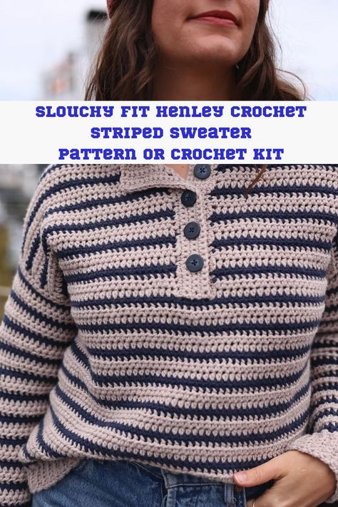 Crochet Henley Pattern, Crochet Grandpa Sweater Pattern Free, Slouchy Sweater Pattern, Cape Diy, Diy Cape, Crochet Apparel, Henley Sweater, Slouchy Sweater, Crochet Inspo