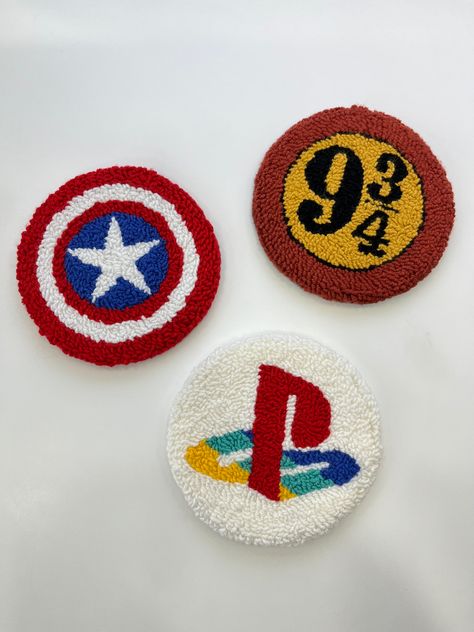 #punch #coasters #gamer #coffeelovers #harrypottermemes #playstation #captainamerica #marvel Cool Punch Needle, Taylor Swift Punch Needle, Punch Needle Harry Potter, Harry Potter Punch Needle, Disney Punch Needle, Punch Needle Carpet, Punch Needle Aesthetic, Cute Punch Needle, Rug Punch Needle