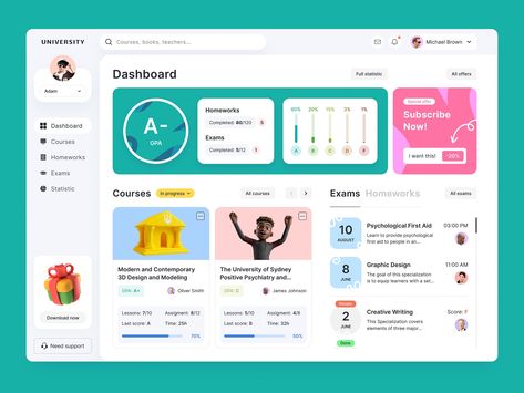 University - Education platform - Desktop Dashboard by Ivan Shevchenko on Dribbble Education Dashboard, Educational Playground, Gamification Education, Ux Dashboard, Playground For Kids, Therapy Website, Interesting Activities, Student Dashboard, Ux Kits