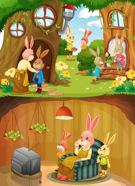 Rabbit Family, All About Rabbits, Rabbit House, House Cartoon, Rabbit Illustration, Pig Cartoon, Wood Animal, Family Cartoon, House Illustration