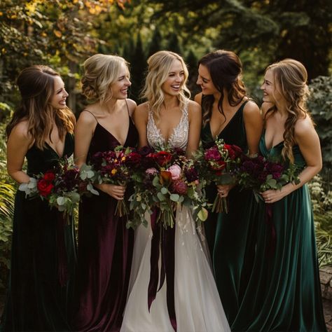 Moody Forest Wedding Ideas: A Dreamy Guide + Tips for Your Big Day - Yeah Weddings Moody Wedding Bouquet Jewel Tones, Forest Wedding Palette, Wedding Color Schemes Moody, Plum And Forest Green Wedding, Dark Enchanted Wedding, Moody October Wedding, Maroon And Forest Green Wedding, Dark Green And Maroon Wedding, Dark Green Weddings