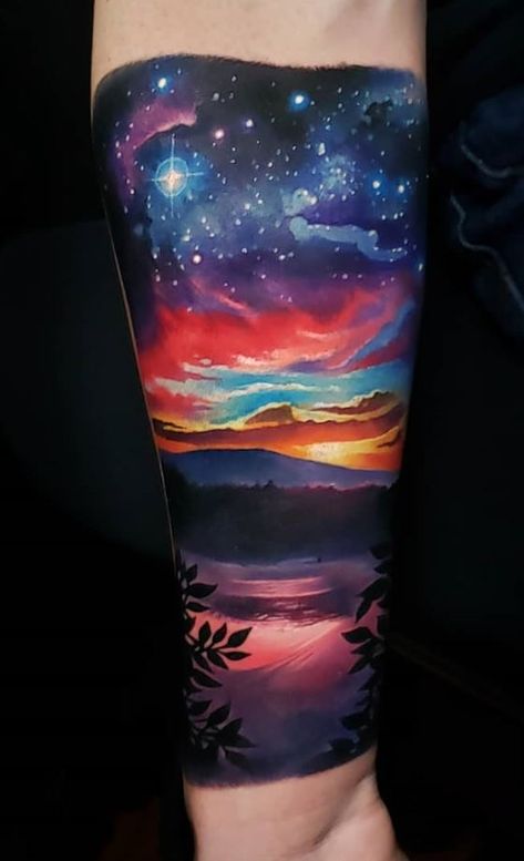 Colorful Sky Tattoo - Get an InkGet an Ink Night Sky Tattoos, Watercolor Galaxy Tattoo, Northern Lights Tattoo, Cactus Tattoos, Cloud Tattoo Sleeve, Sky Tattoo, Tattoo Sleeve Filler, Sky Tattoos, Left Arm Tattoos