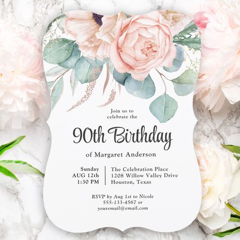 Pink and Beige Watercolor Floral 90th Birthday Invitation Elegant Birthday Invitations, 90th Birthday Party, Beige Watercolor, 90th Birthday Invitations, 90th Birthday Parties, Diy Birthday Invitations, Floral Birthday Invitations, 90's Birthday Party, Modern Birthday