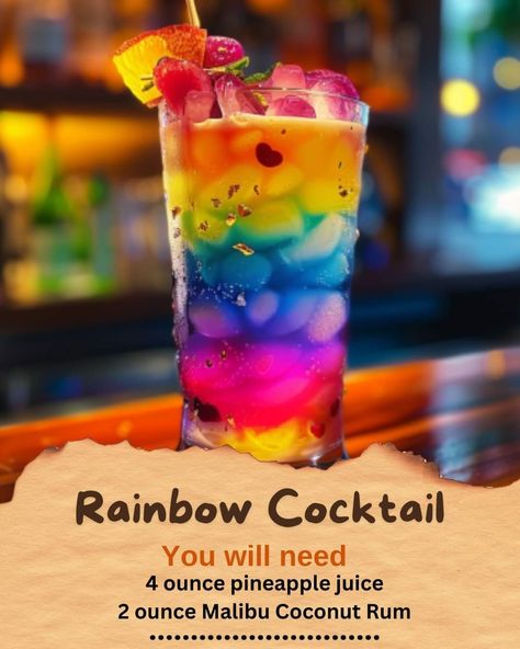 Rainbow Cocktail Recipe, Rainbow Cocktails, Rainbow Cocktail, Christmas Cocktails Easy, Rainbow Drinks, Malibu Coconut, Pretty Alcoholic Drinks, Coffee Cheesecake, Cocktail Drinks Alcoholic