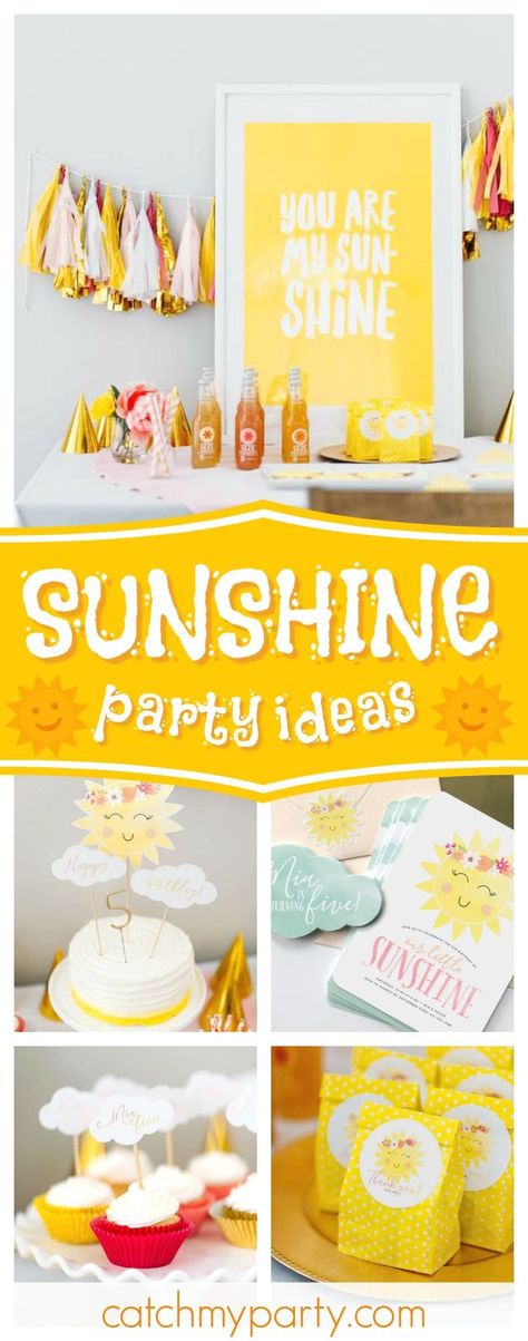 Check out this amazing Sunshine themed birthday party! The birthday cake is adorable!! See more party ideas and share yours at CatchMyParty.com #catchmyparty #partyideas #sunshinebirthdayparty #summer First Birthday Girl Themes Summer, Sunshine Party Ideas, First Birthday Summer, Creative Birthday Party Ideas, Sunshine Birthday Party, Sunshine First Birthday, Sunshine Birthday Parties, Sunshine Party, Sunshine Cake