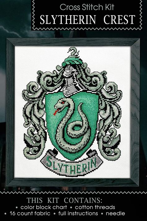 Slytherin Cross Stitch Pattern, Harry Potter Embroidery, Harry Potter Cross Stitch Pattern, Slytherin Crest, Aida Cloth, Harry Potter Gifts, Embroidery Book, Cross Stitch Bookmarks, Mark Cross