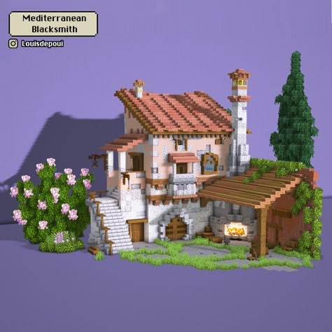 A build That I made recreating the concept art from Arthur Bourgeais, downloads via my patreon! Mediterranean Minecraft Builds, Building Styles Minecraft, Minecraft Terrace Farm, Minecraft Vanilla Builds, Art Nouveau Minecraft, Minecraft Pokemon House, Minecraft Exterior Decor, Studio Ghibli Minecraft Builds, Minecraft Mediterranean House