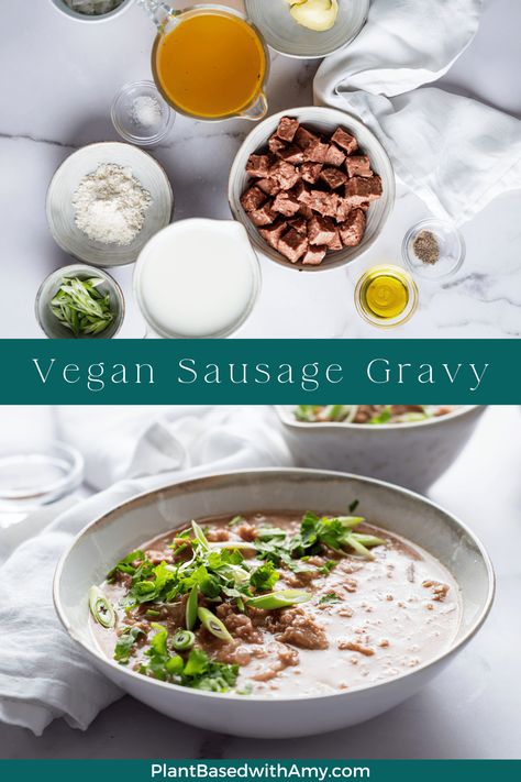 Vegan Sausage Gravy Vegan Sausage Gravy, White Pepper Gravy, Vegan Sausage Recipe, Easy Roasted Potatoes, Vegan Patties, Pepper Gravy, Sausage Patties, Plant Based Breakfast, Sausage Patty