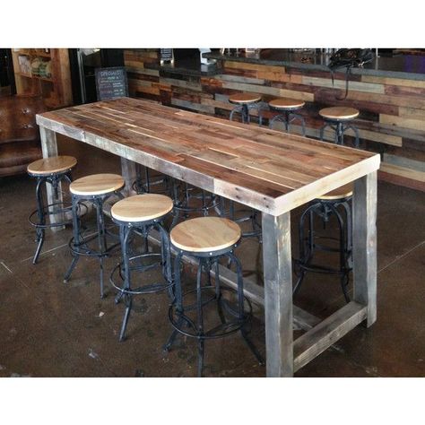 Buy a bar table: eating and drinking at a higher level! Reclaimed wood community bar restaurant table is well sanded and Reclaimed Wood Bars, Restaurant Counter, Wood Bar Table, High Top Tables, Pub Set, Pub Table Sets, Patio Bar Set, Bar Height Table, Reclaimed Wood Furniture