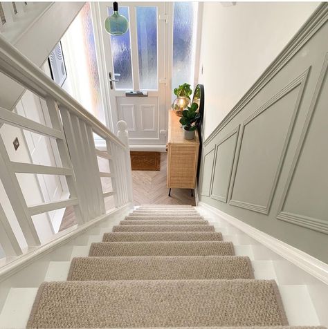 Green Panelling Hallway, Green Panelling, Hallway Transformation, House Renovation Design, Stair Paneling, Entrance Hall Decor, Interior Design Hallway, Stairs Renovation, Built In Shelves Living Room