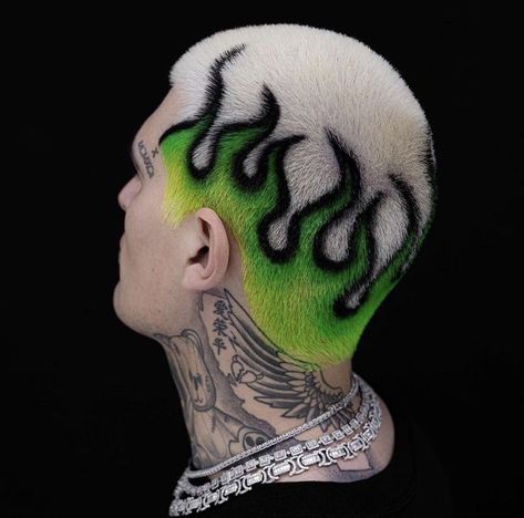 Flames Buzzcut, Coloured Buzzcut, Painted Buzzcut, Shaved Head Art, Buzzcut Dyed Hair, Hair Tattoo Men, Shaved Head Designs, Flame Hair, Hair Colour Design