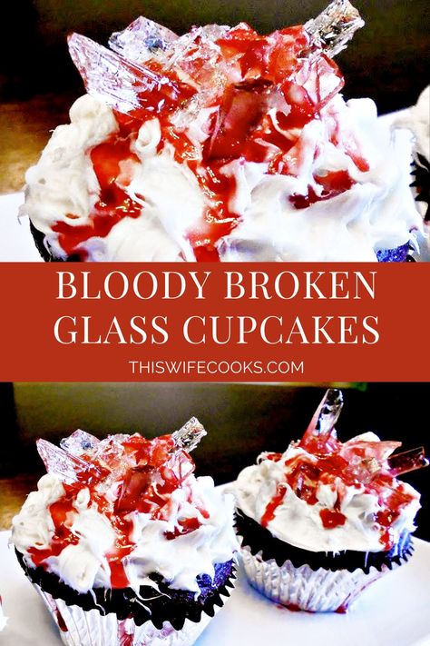 Frosted cupcakes decorated with edible homemade sugar-based "broken glass" and edible "blood." Easy to make and perfect for a Halloween party! Gory Halloween Desserts, Halloween Cake Glass Shards, Halloween Glass Cupcakes, Halloween Cupcakes Glass Shards, Halloween Cupcakes Gore, Vegan Frosting, Blue Food Coloring, Vegetarian Cake, Blue Food