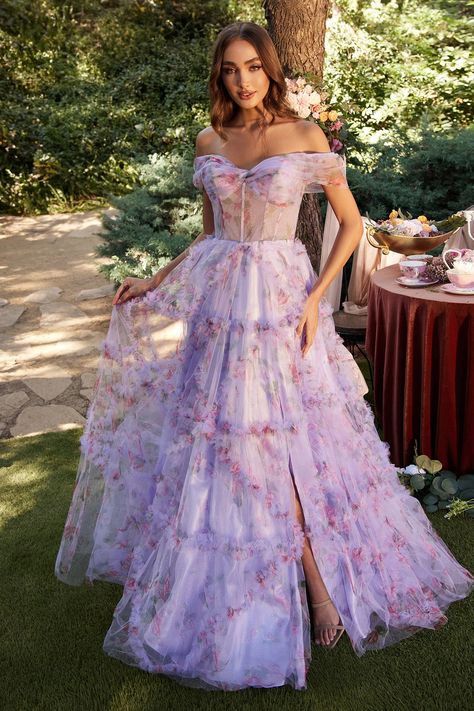 Not my pics Lilac Off The Shoulder Prom Dress, Beautiful Feminine Dresses, Renfaire Outfits, Camila Core, Garden Party Dresses, Lavender Floral Dress, Lavender Wedding Dress, Whimsical Dresses, Andrea And Leo