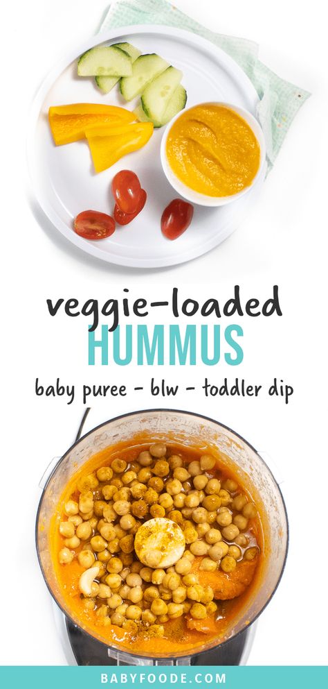 This Veggie-Loaded Hummus Baby Food or Toddler Dip is an amazing recipe that grows with your baby! Food Processor Recipes Toddler, Chickpea Baby Led Weaning, Baby Hummus Recipe, Chickpeas For Babies, Chickpea Baby Food Recipes, High Fiber Baby Food, Baby Hummus, Vegan Baby Led Weaning, Vegan Baby Food