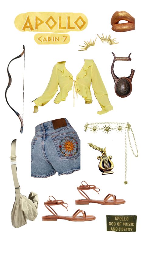 Apollo’s kid outfit (femme) #apollo #percyjackson #percyjacksonoutfit Apollo Outfits, Cabin 7 Apollo, Cabin Outfit, Apollo Aesthetic, Apollo Cabin, Cabin 7, Percy Jackson Outfits, Kid Outfit, Cabin Aesthetic