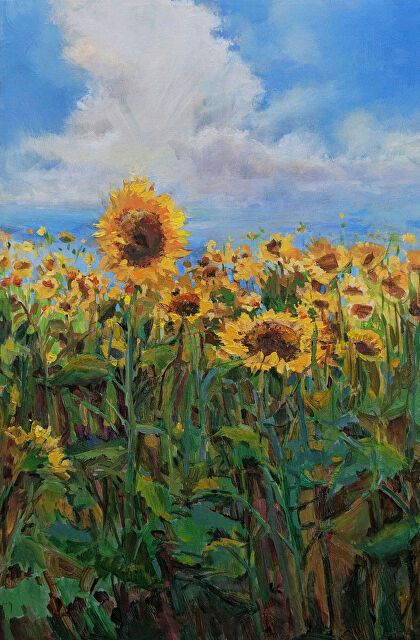 Sunflower Field And Blue Sky by Mary Maxam, Acrylic, 30 x 20 Field Artwork, Sunflower Landscape, Sunflower Painting Ideas, How To Paint A Sunflower Field, Sunflower Field Drawing, Sunflowers Painting, Sunflower Fields Painting, Sunflower Painting Wallpaper, Sunflower Field Painting