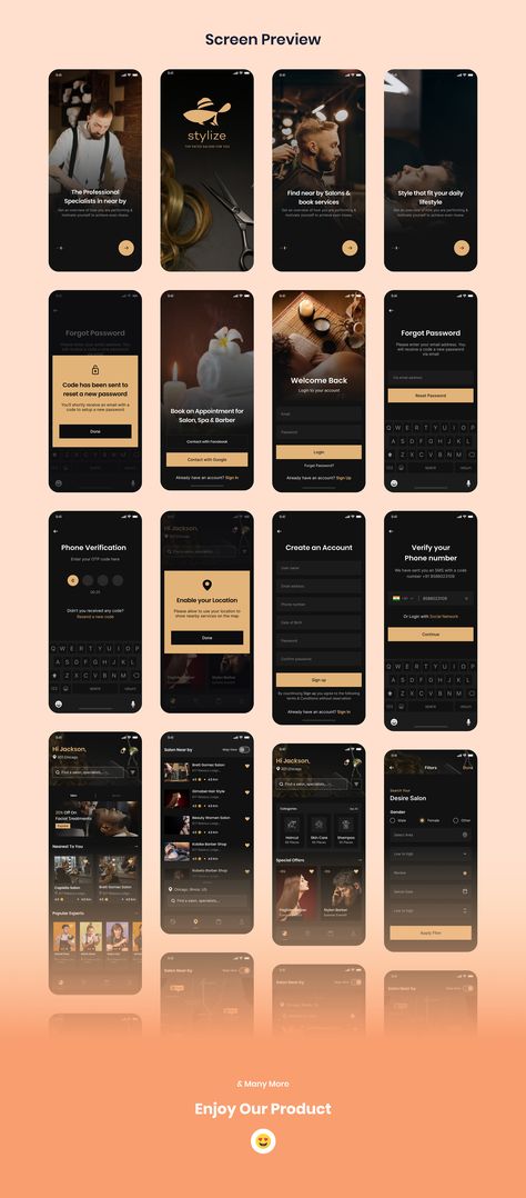 Stylize - Barber & Salon App Preview - ThemeForest Luxury App Design, Mobile App Design Templates, Mobile Barber, Hotel App, Ux Design Mobile, App Home Screen, Figma Design, App Design Layout, Quiz Design