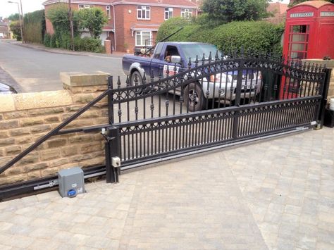 Gate 37 Decorative Diamond design  wrought iron cantilever sliding gate with vertical safety edges and GSM intercom Doncaster South Yorkshire Electric Gates Driveways, Electric Front Gate Driveways, Driveway Gate Electric, Electric Metal Driveway Gates, Metal Sliding Electric Gates, Electric Sliding Gates, Gate Pictures, Farm Entrance, Timber Gates