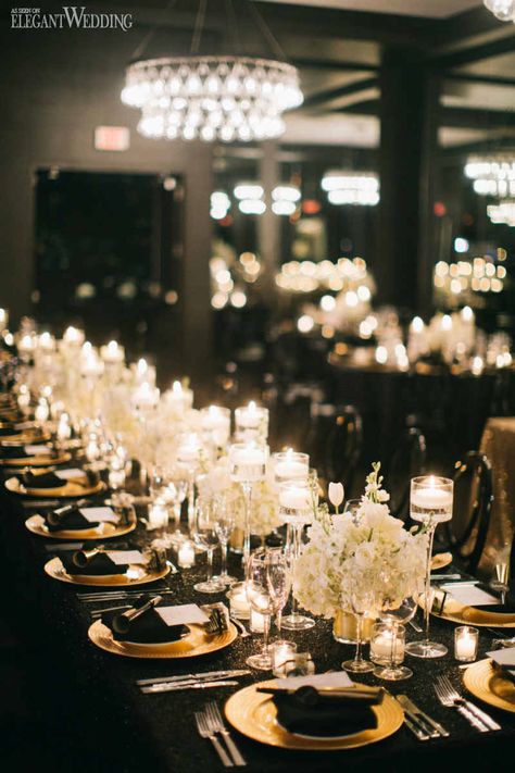 Black and Gold Wedding Table Setting Black And Gold Wedding Table, Gold Wedding Centerpieces, Gold Table Setting, Gold Wedding Reception, Black And Gold Wedding, Black Gold Wedding, Gold Wedding Inspiration, Nye Wedding, Gold Color Palettes