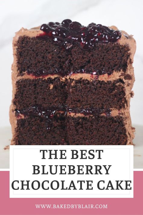 This chocolate blueberry cake is made with a rich, moist chocolate cake, fresh blueberry compote and a smooth and delicious chocolate buttercream frosting. It's the perfect combination of rich chocolate decadence and bright blueberry flavor! Chocolate And Blueberry Cake, Chocolate Cake With Blueberry Filling, Chocolate Blueberry Cake, Blueberry Chocolate Cake, Chocolate Decadence, Chocolate Blueberry, Snack Cakes, Birthday Dessert, Blueberry Chocolate