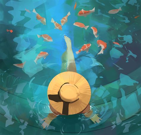 Atey Ghailan, Koi Fishes, Concept Art World, Summer Illustration, Art Block, Koi Fish, Simple Art, Cool Artwork, Koi