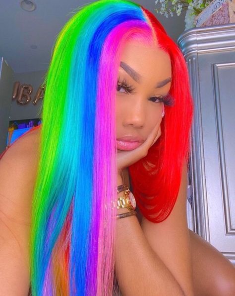 Brazilian Lace Front Wigs, Hair Colorful, Rainbow Wig, Rainbow Hair Color, Pretty Hair Color, Queen Hair, Straight Lace Front Wigs, Colorful Hair, Front Lace Wigs Human Hair