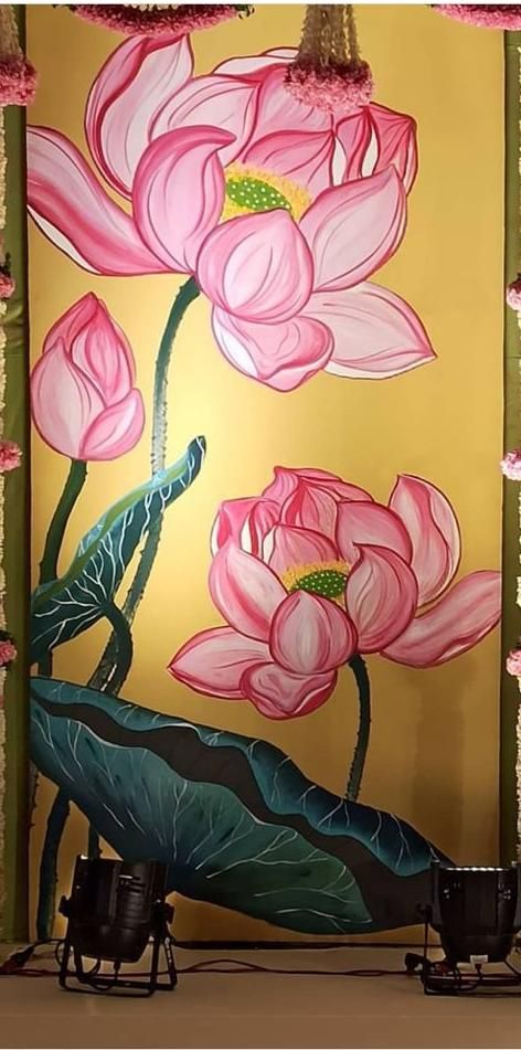 Lotus Mural, Painting Motifs, Entrance Painting, Painting Corner, Home Wall Painting, Abstract Painting Diy, Circle Mehndi, Lotus Painting, Flower Mural