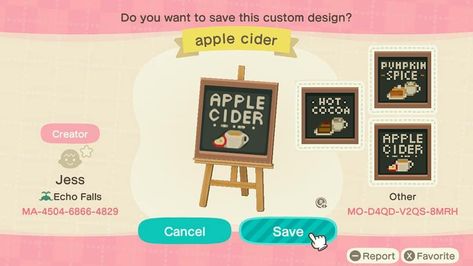 Acnh Apple Stall Design, Animal Crossing Apple Stall, Animal Crossing Apple Cider Stand, Acnh Apple Cider Stand, Animal Crossing Thanksgiving, Acnh Halloween Code, Acnh Signs, Acnh Autumn, Apple Cidar