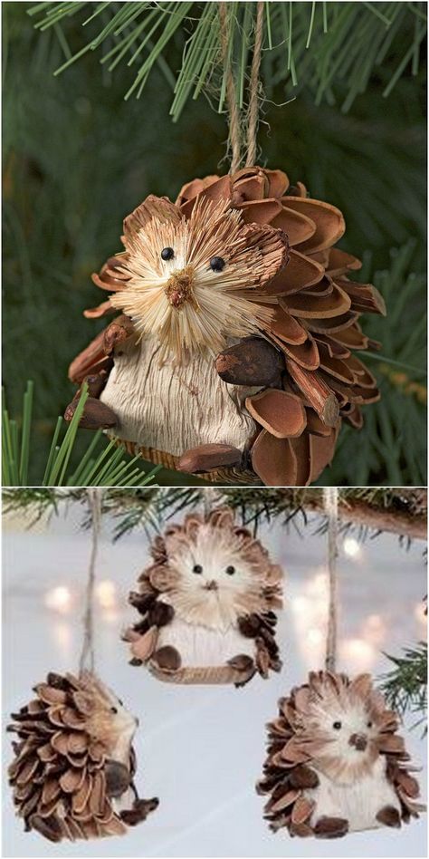 Pinecone Ornaments for Christmas - AllDayChic Pinecone Projects For Christmas, Pinecone Woodland Animals, Homemade Woodland Christmas Ornaments, Pine Cone Woodland Animals, Pinecone Hedgehog Craft, Pinecone Animal Crafts, Pinecone Mice, Pinecone Creatures, Decorating For New Years