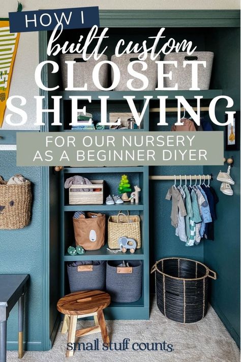 Learn how to replace a basic wire shelf with DIY closet shelving. This custom built-in closet shelving adds tons of storage! See how I gave our nursery closet a complete makeover with a few tools, some plywood, and paint. #diycloset #closetmakeover #nurserycloset #diyshelving #diynursery Diy Closet Shelving, Wire Closet Shelves, Small Closet Shelving, Custom Closet Shelving, Wire Closet Shelving, Built In Closet, Painted Closet, Closet Shelving, Closet Planning