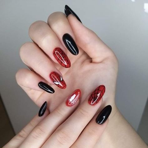 Gel Nails Spiderman, Spiderman Nails Ideas, Spiderman Acrylics, Book Of Life Nails, Spiderman Gel Nails, Nail Ideas Marvel, Nails Ideas Spiderman, Marvel Nails Designs The Avengers, Marvel Gel Nails