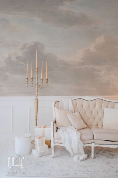 the paris apartment | hoping we know we're living the dream Sky Mural, Cloud Bedroom, Nursery Painting, Sky Nursery, Moody Wallpaper, Clouds Nursery, Whimsical Nursery, Scenic Wallpaper, Nursery Mural