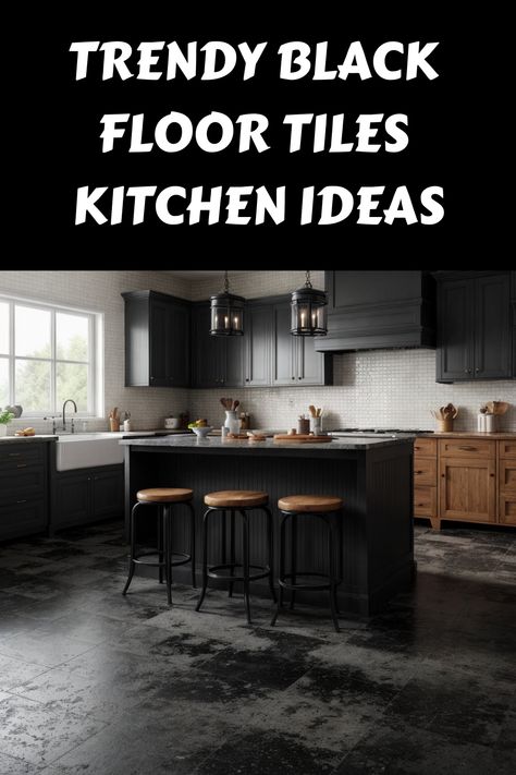 Trendy kitchen with black floor tiles, black cabinets, and a wooden island with bar stools. Floor Tiles Kitchen, Black Flooring, Tiles Inspiration, Marble Floor Kitchen, Stylish Kitchen Decor, Tiles For Kitchen, Black Floor Tiles, Bold Kitchen, Wooden Countertops