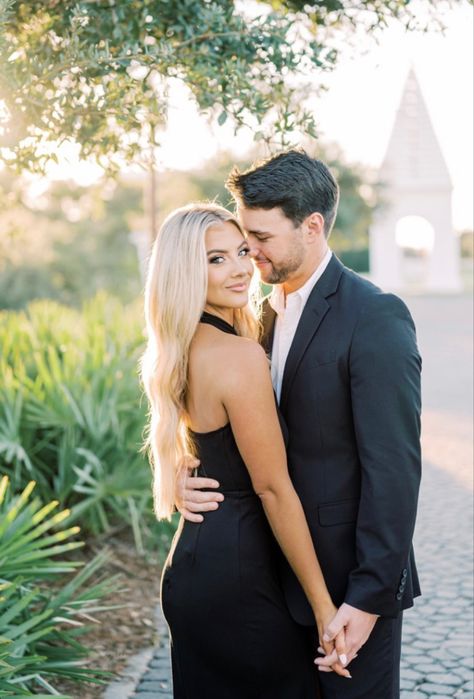 Couples Modeling Poses, Black Outfits For Engagement Pictures, Wedding Guest Couple Photos, Black Engagement Photoshoot, Formal Couples Poses, Couple Poses Dress, Engagement Pictures Classy, Elegant Couple Photos, Classy Couple Poses