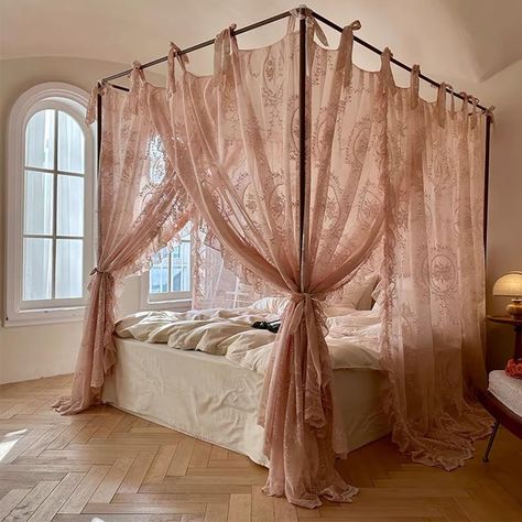 Pink Luxurious Bedrooms, 4 Poster Canopy Bed, Romantic Gothic Interior Design, White Canopy Bed Frame, Faux Bed Canopy, Cute Canopy Bed, Girly Floral Bedroom, Boho Moroccan Bedroom, Adult Canopy Bed