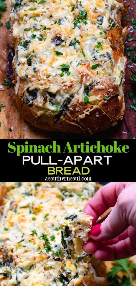 Spinach Artichoke Bread Pull Apart, Pull A Part Bread Recipes, Spinach Bread Recipe, Spinach Artichoke Pull Apart Bread, Pull Apart Recipes, Artichoke Bread, Stuffed Breads, Artichoke Stuffed, Spinach Bread